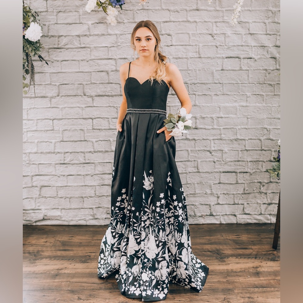 Black and white prom dress with beaded belt- size 6
